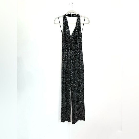 ALICE + OLIVIA Disco Diamonds Mercury Sparkle Crepe Halterneck Jumpsuit - Picture 7 of 10